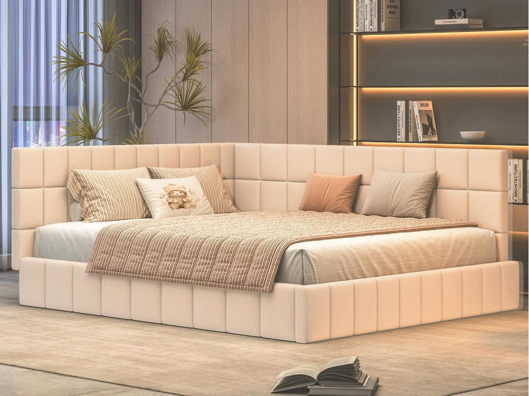 Cama para adultos 160x200cm en terciopelo con reja y somier de láminas - Beige