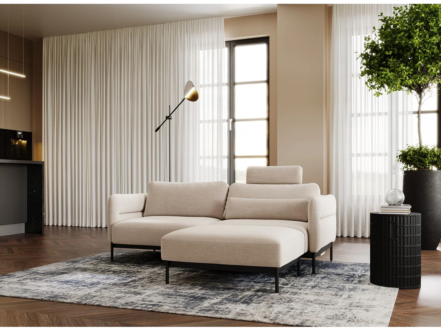 Polsterhocker, beige, 100 x 87 cm - SOLIANERO