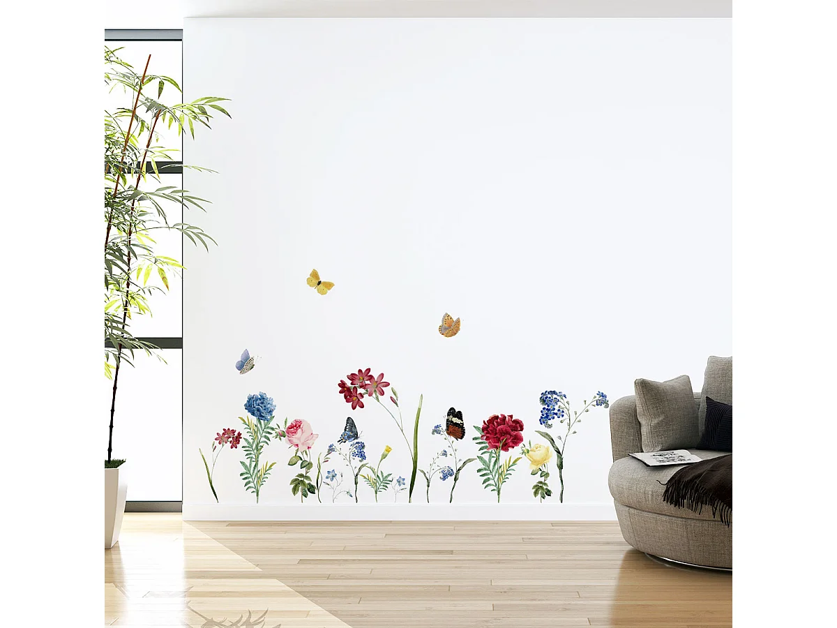 Stickers muraux | Sticker Mural Autocollant - FLEURS DANS LE JARDIN - adhésifs fond transparent - 110x200cm