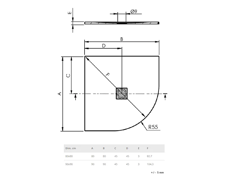 Plato de ducha extraplano semicircular LOGIC  90 x 90 cm