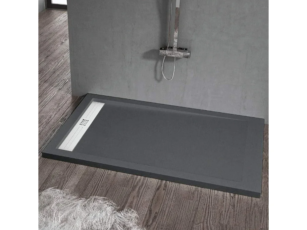 Mineralguss-Duschwanne extra flach ELITE Schieferoptik ANTHRAZIT 90x150cm Edelstahl in chrom