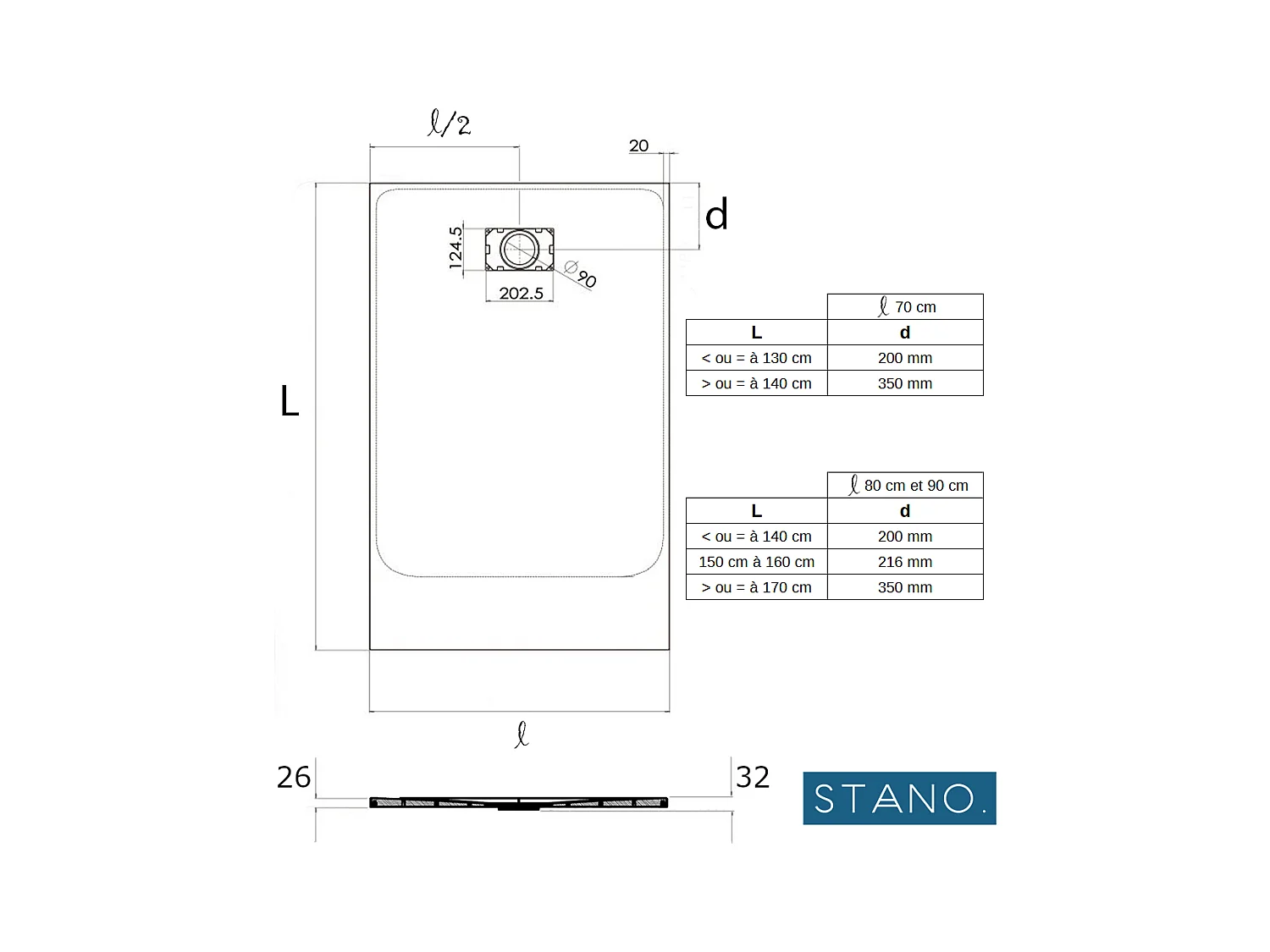 Receveur de douche 80 x 120 cm extra plat PIATTO en SoliCast® surface ardoisée noir