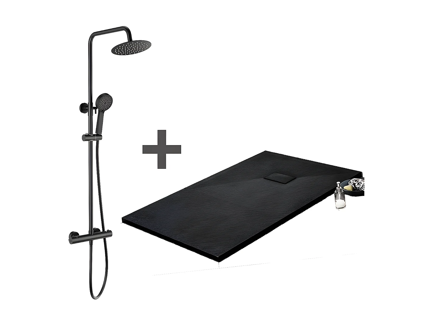 Kit Piatto doccia ultrasottile 80 x 180 cm PIATTO Nero + Colonna doccia termostatica Finitura nera opaca