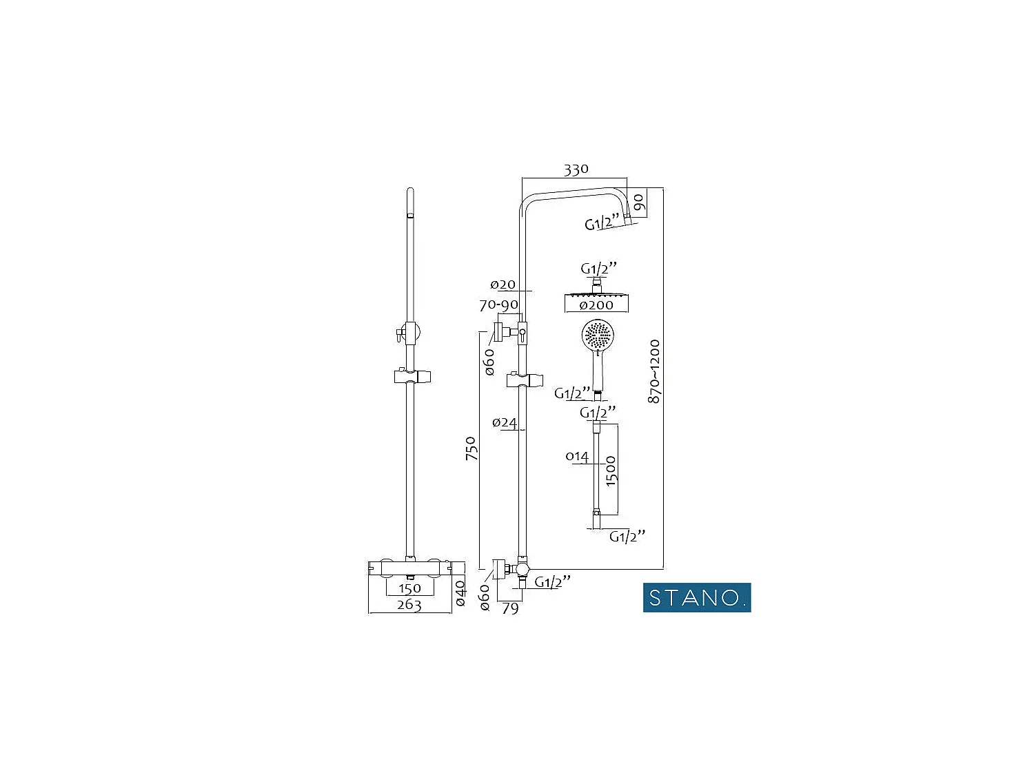 Kit Piatto doccia ultrasottile 90 x 150 cm PIATTO Nero + Colonna doccia termostatica Finitura cromata