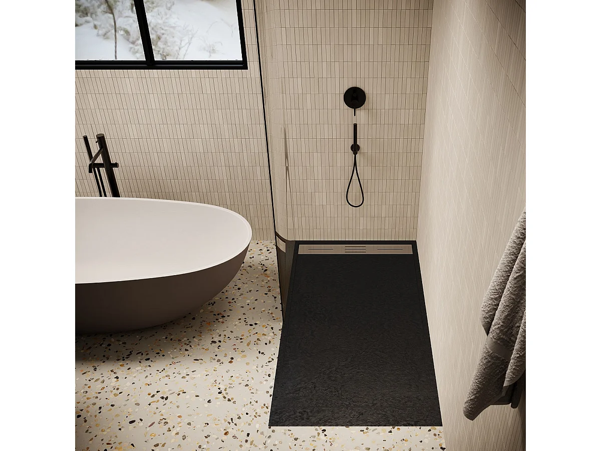 Piatto doccia ultrasottile 80 x 100 cm nero LUCIA in SoliCast® finitura ardesia