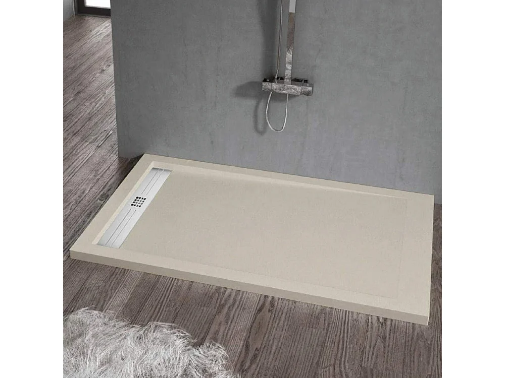 Mineralguss-Duschwanne extra flach ELITE Schieferoptik BEIGE 70x160cm Edelstahl in chrom Ablaufschutz in Chrom