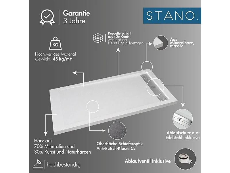 Piatto doccia ultrasottile 70 x 150 cm ELADIO in resina finitura ardesia sabbia