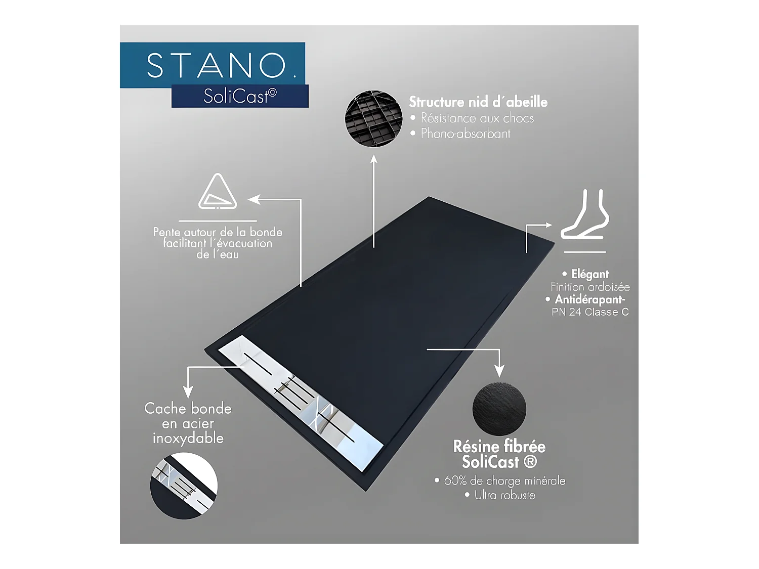 Piatto doccia ultrasottile 80 x 120 cm LUCIA in SoliCast® finitura ardesia grigio