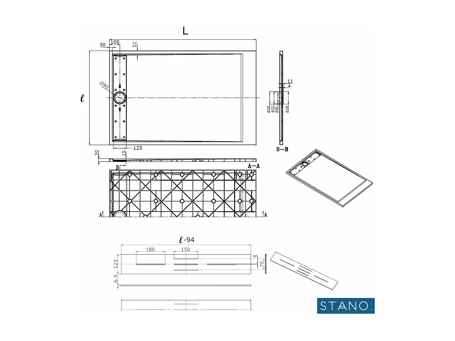 Receveur de douche 80 x 120 cm extra plat gris LUCIA en SoliCast® surface ardoisée