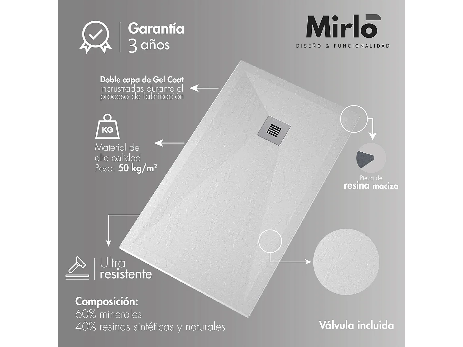 Mineralguss-Duschwanne extra flach ONDA Schieferoptik SAND 80x80 cm  Ablaufschutz in Chrom