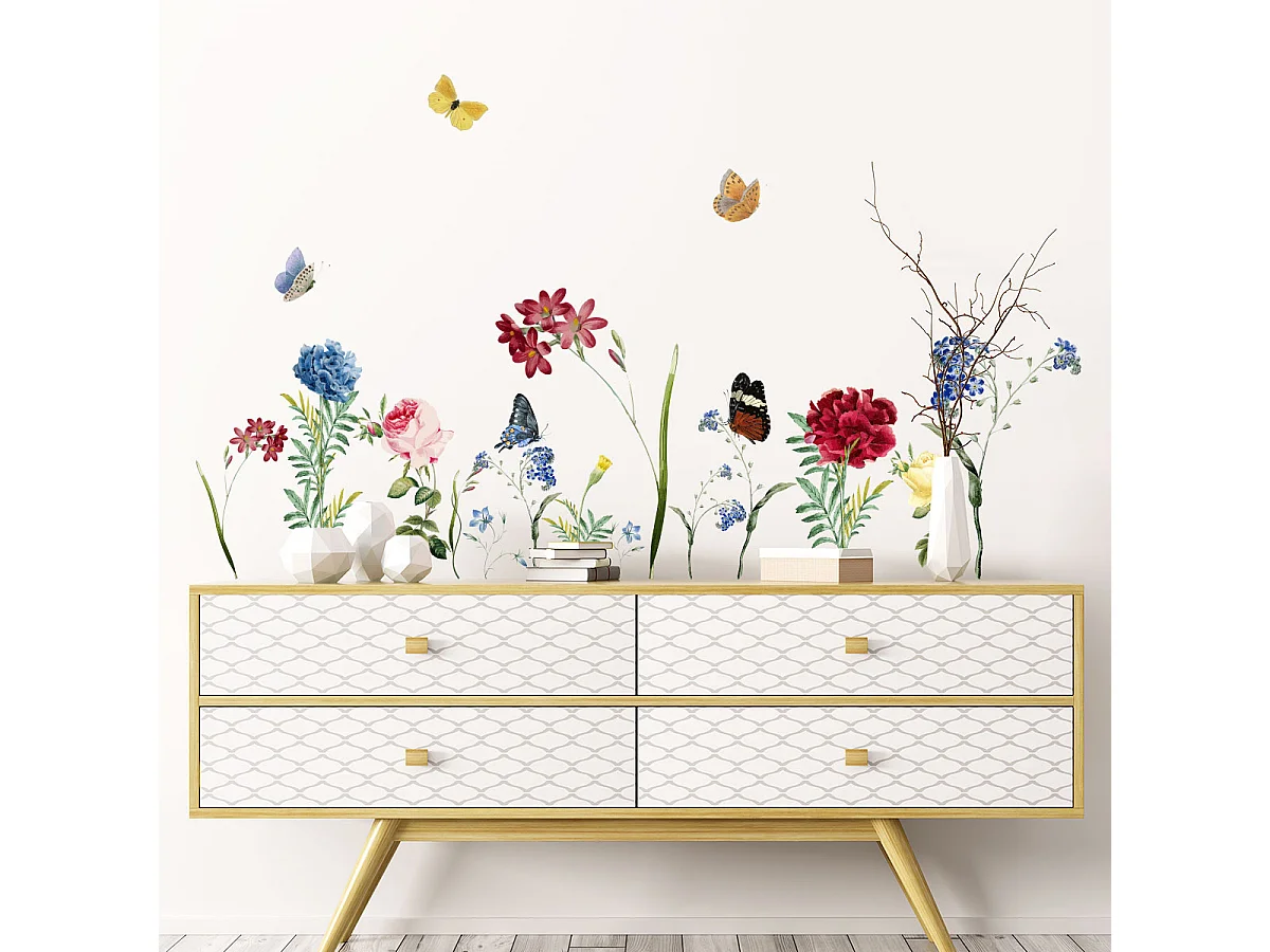 Stickers muraux | Sticker Mural Autocollant - FLEURS DANS LE JARDIN - adhésifs fond transparent - 40x75cm