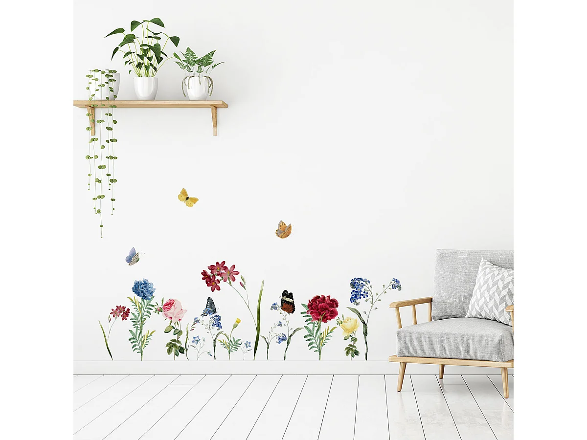 Stickers muraux | Sticker Mural Autocollant - FLEURS DANS LE JARDIN - adhésifs fond transparent - 40x75cm