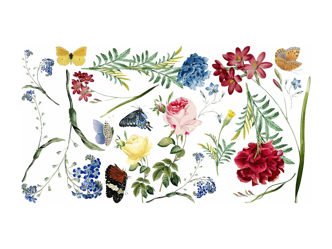 Stickers muraux | Sticker Mural Autocollant - FLEURS DANS LE JARDIN - adhésifs fond transparent - 40x75cm