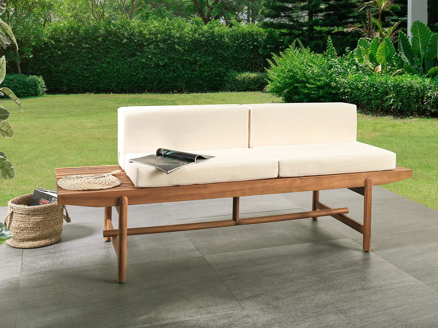 Banc avec coussin d'assise GIAVENO 210 cm Acacia Blanc cassé