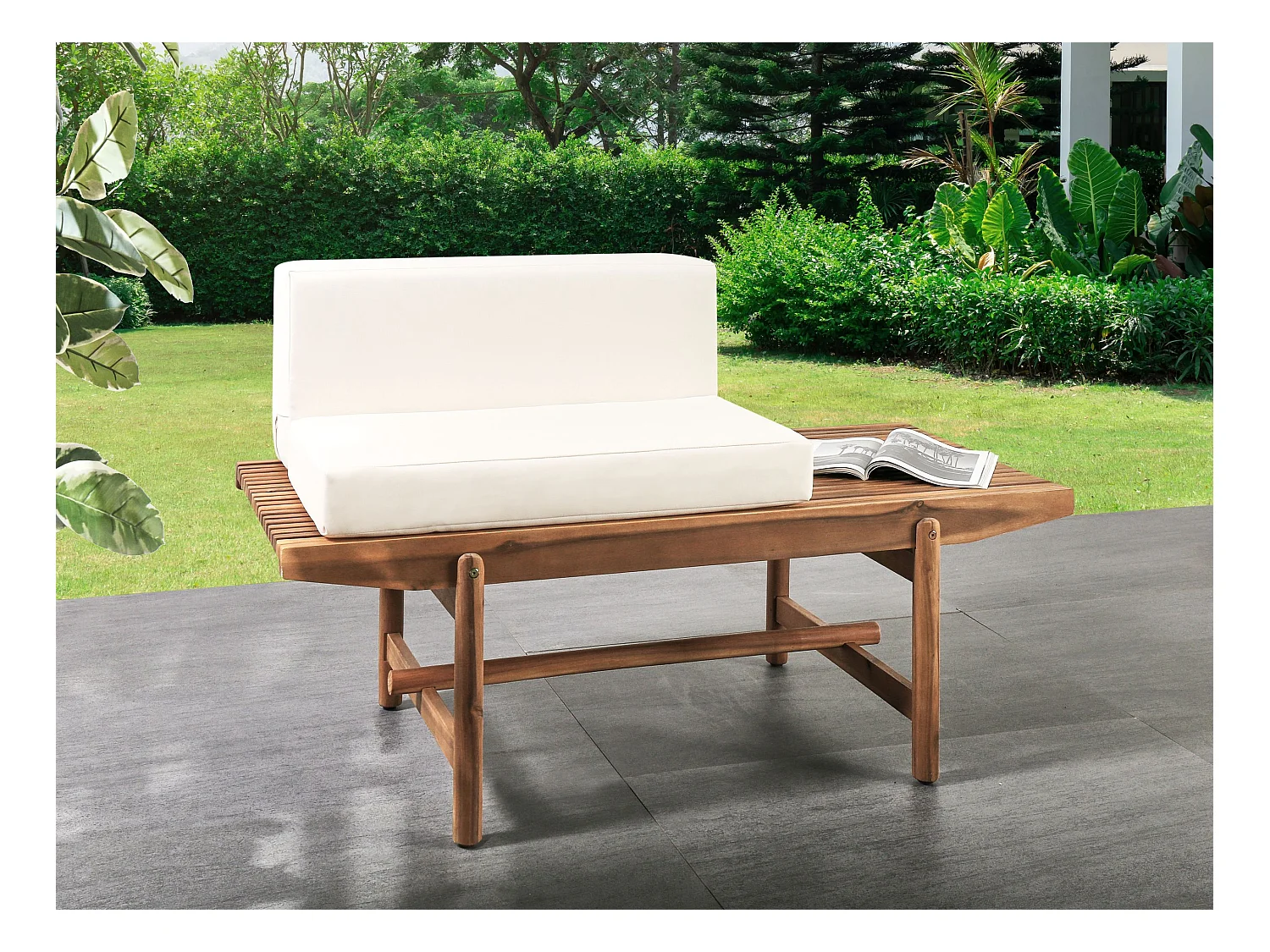 Banc avec coussin d'assise GIAVENO 135 cm Acacia Blanc cassé