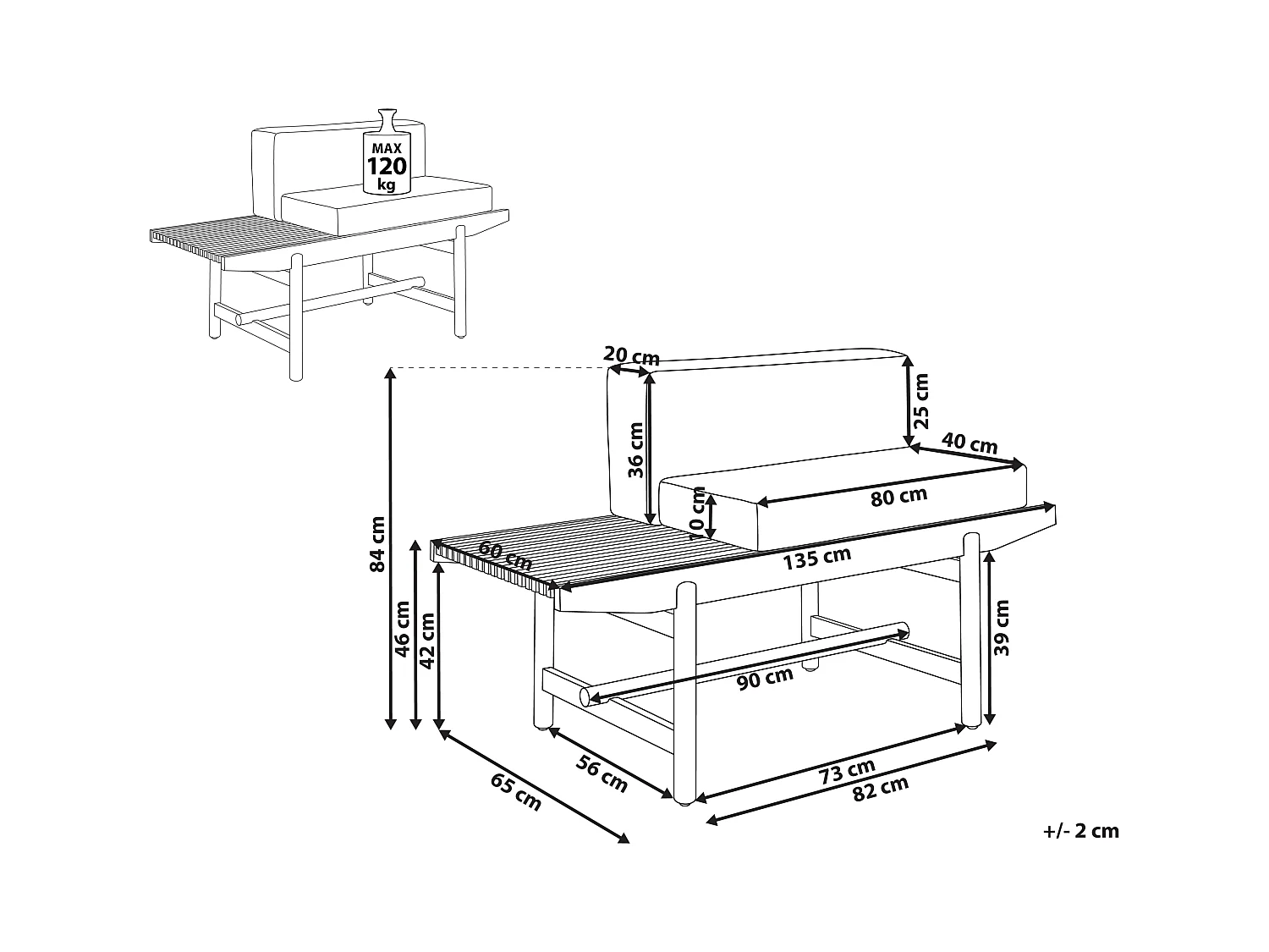 Banc avec coussin d'assise GIAVENO 135 cm Acacia Blanc cassé