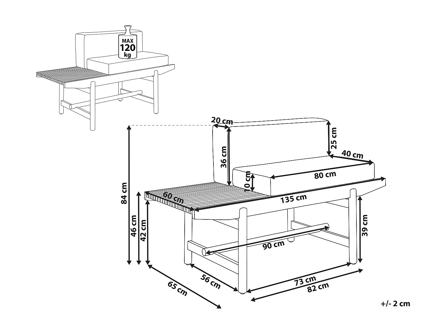 Banc avec coussin d'assise GIAVENO 135 cm Acacia Blanc cassé