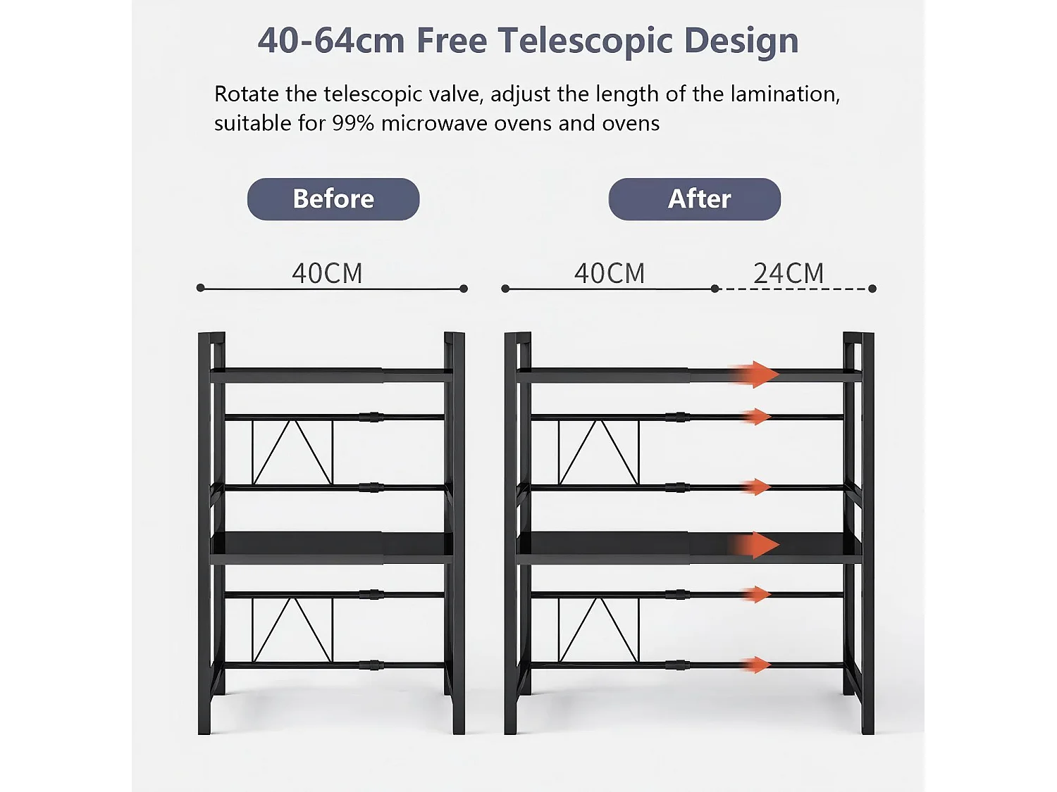 Cuisine étagère de rangement, avec support four micro-ondes et 6 crochets, 40/64x36x79cm