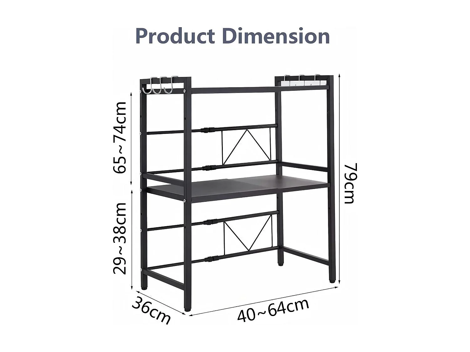 Cuisine étagère de rangement, avec support four micro-ondes et 6 crochets, 40/64x36x79cm