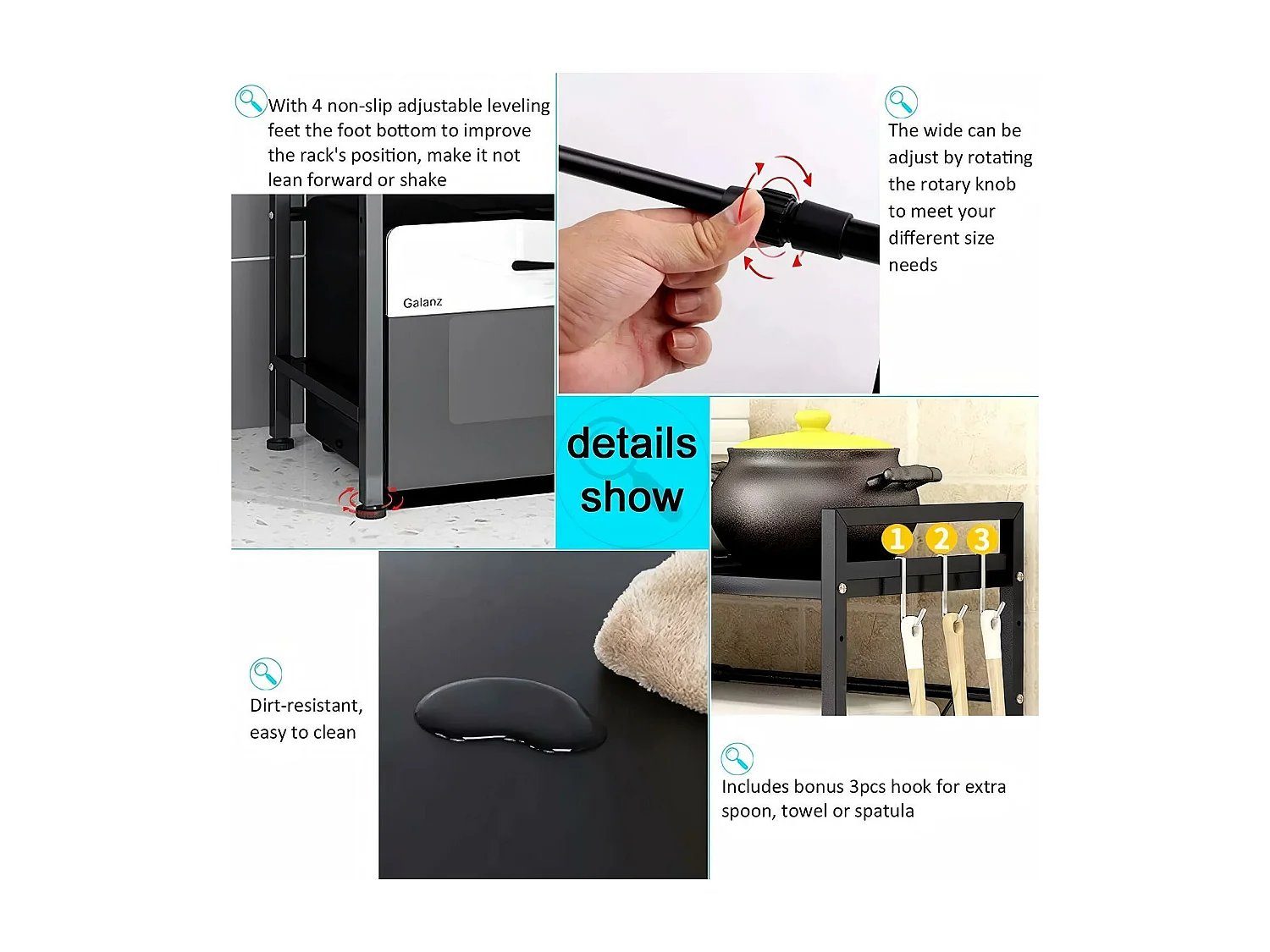 Cuisine étagère de rangement, avec support four micro-ondes et 6 crochets, 40/64x36x79cm