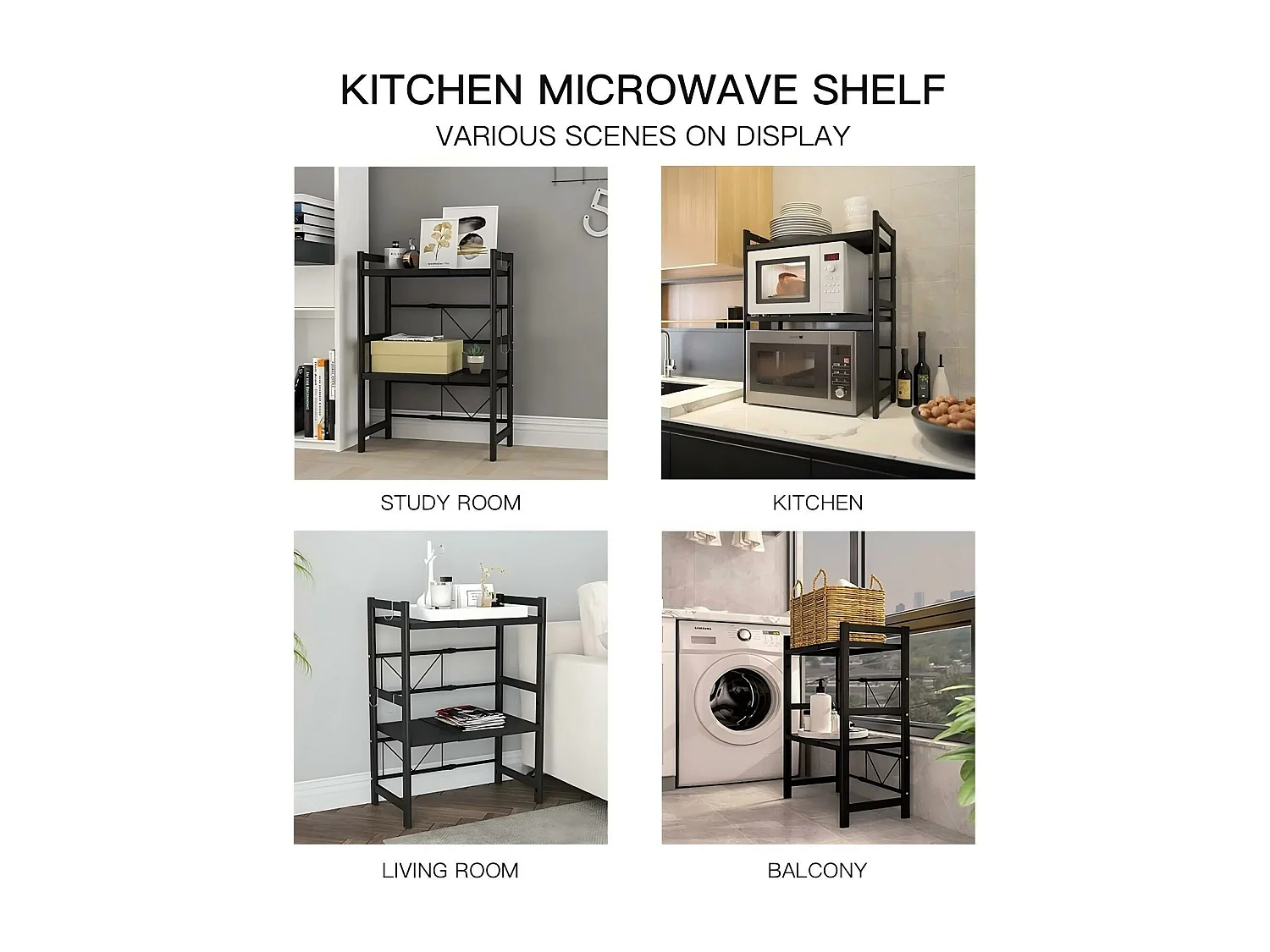 Cuisine étagère de rangement, avec support four micro-ondes et 6 crochets, 40/64x36x79cm