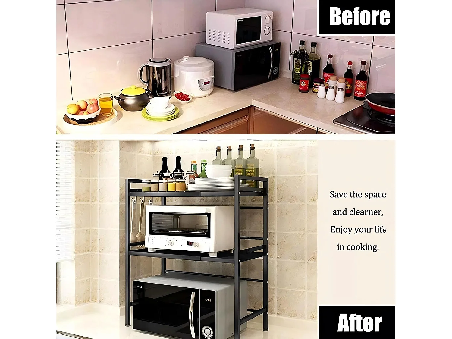 Cuisine étagère de rangement, avec support four micro-ondes et 6 crochets, 40/64x36x79cm