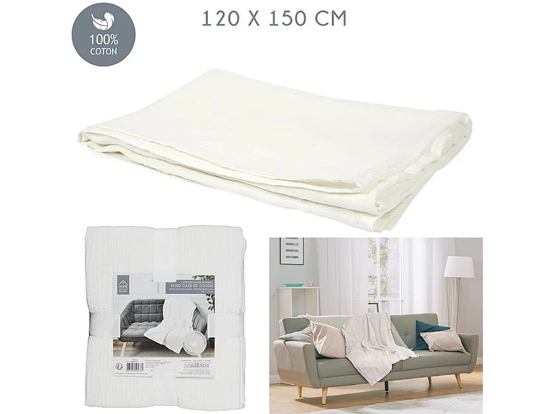 Plaid Gaze De Coton Blanc Craie 120x150cm Blanc