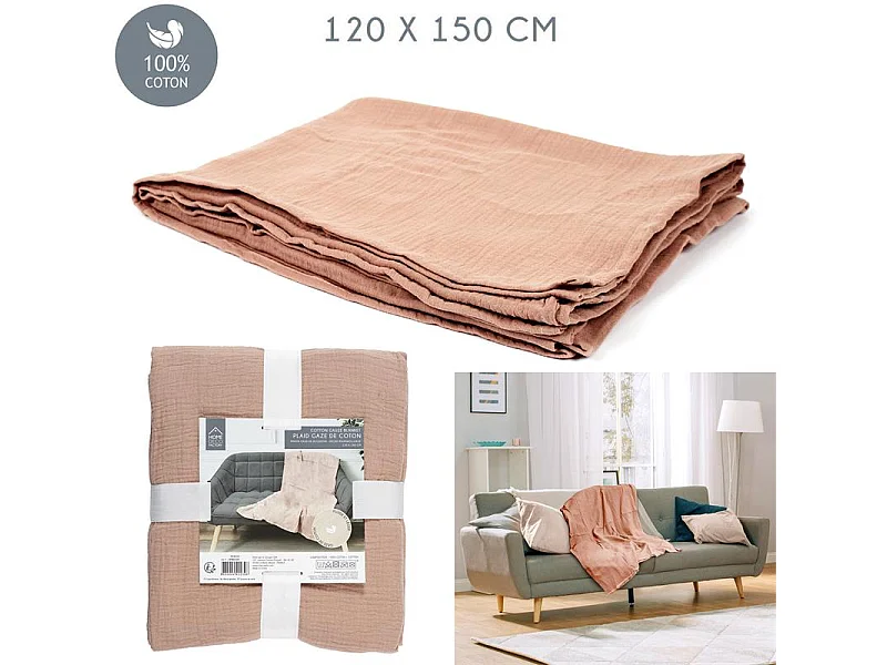 Plaid Gaze De Coton Rose Litchi 120x150cm Rose