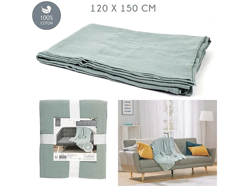 Plaid Gaze De Coton Vert Givre 120x150cm Bleu