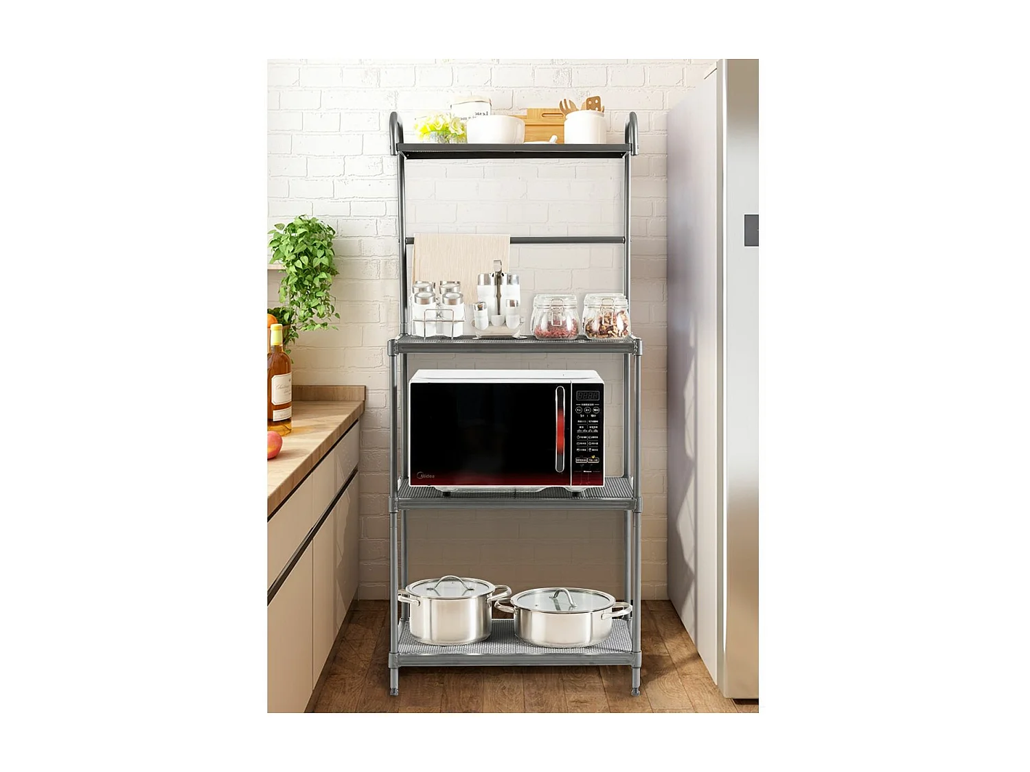 Étagère de Cuisine, Etagère de Micro-Ondes et Four en Métal Robuste Meuble Rangement sur Pied à 4 Niveaux Multifonctionnelle 60 x 34,5 x 136 CM Gris avec Pieds Réglables