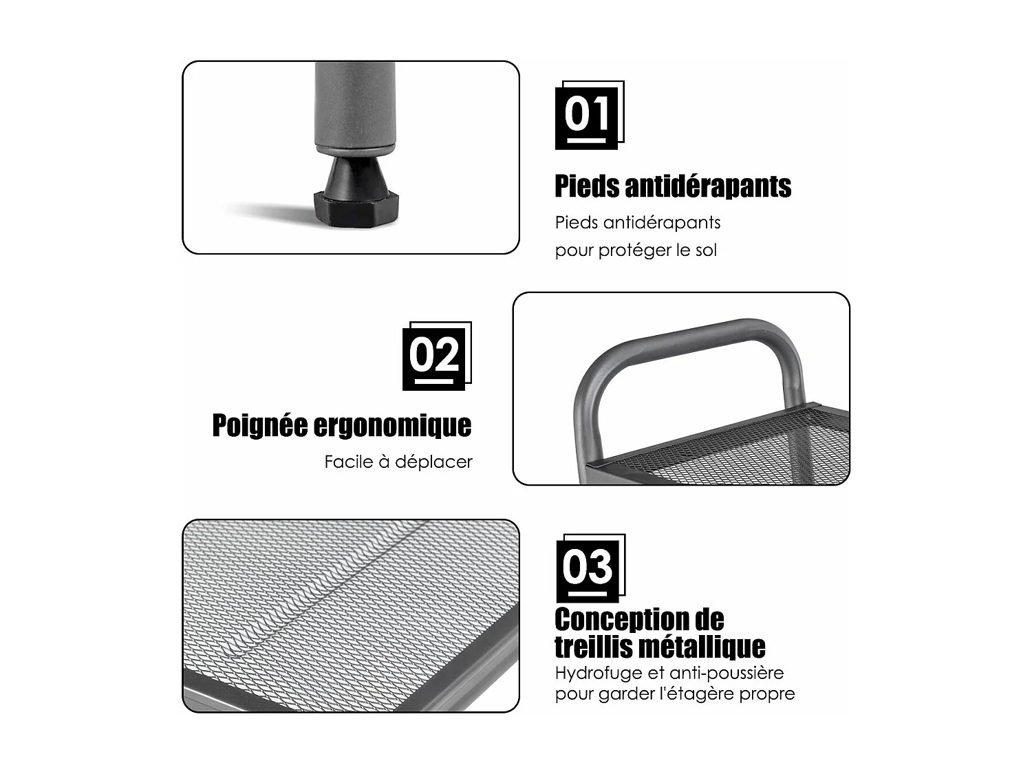 Étagère de Cuisine, Etagère de Micro-Ondes et Four en Métal Robuste Meuble Rangement sur Pied à 4 Niveaux Multifonctionnelle 60 x 34,5 x 136 CM Gris avec Pieds Réglables