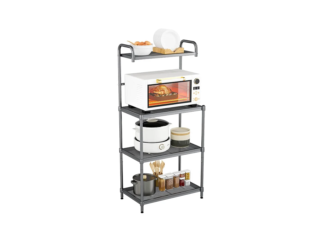 Étagère de Cuisine, Etagère de Micro-Ondes et Four en Métal Robuste Meuble Rangement sur Pied à 4 Niveaux Multifonctionnelle 60 x 34,5 x 136 CM Gris avec Pieds Réglables