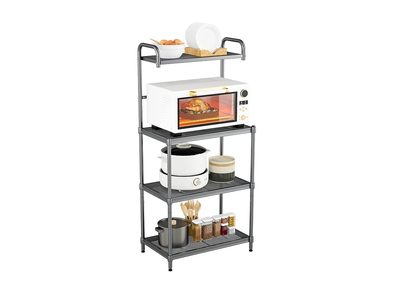 Étagère de Cuisine, Etagère de Micro-Ondes et Four en Métal Robuste Meuble Rangement sur Pied à 4 Niveaux Multifonctionnelle 60 x 34,5 x 136 CM Gris avec Pieds Réglables