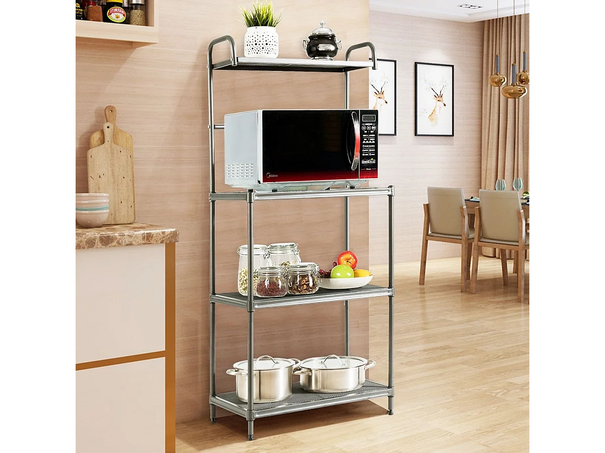 Étagère de Cuisine, Etagère de Micro-Ondes et Four en Métal Robuste Meuble Rangement sur Pied à 4 Niveaux Multifonctionnelle 60 x 34,5 x 136 CM Gris avec Pieds Réglables