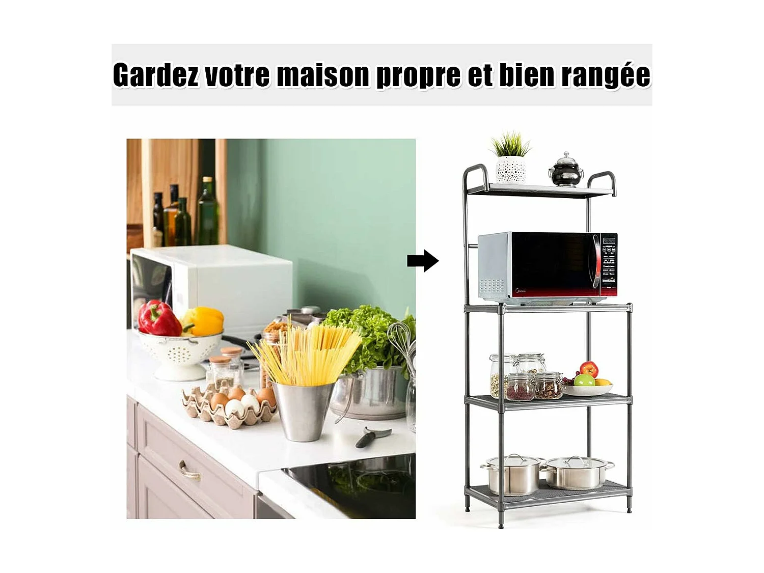 Étagère de Cuisine, Etagère de Micro-Ondes et Four en Métal Robuste Meuble Rangement sur Pied à 4 Niveaux Multifonctionnelle 60 x 34,5 x 136 CM Gris avec Pieds Réglables