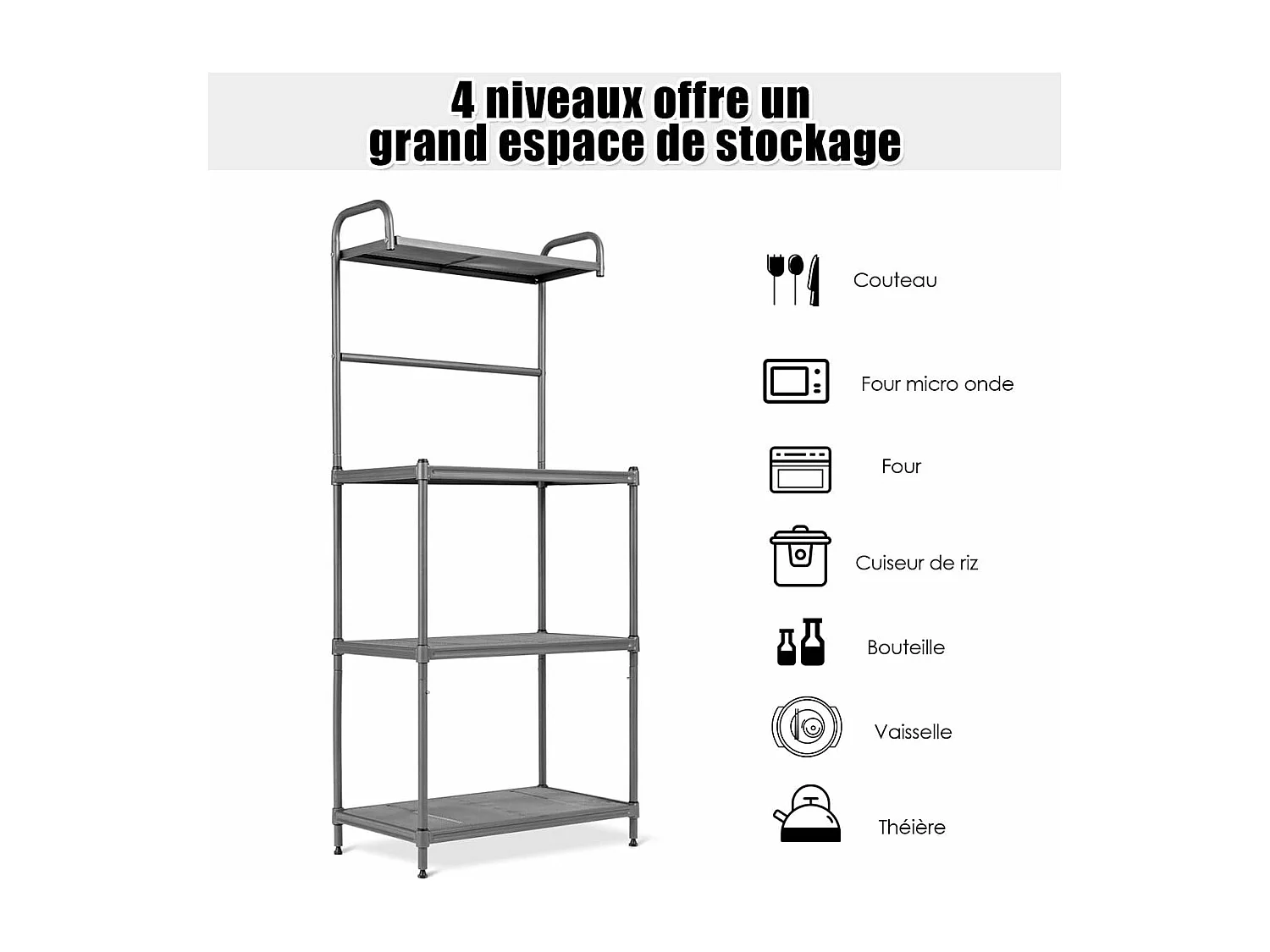 Étagère de Cuisine, Etagère de Micro-Ondes et Four en Métal Robuste Meuble Rangement sur Pied à 4 Niveaux Multifonctionnelle 60 x 34,5 x 136 CM Gris avec Pieds Réglables