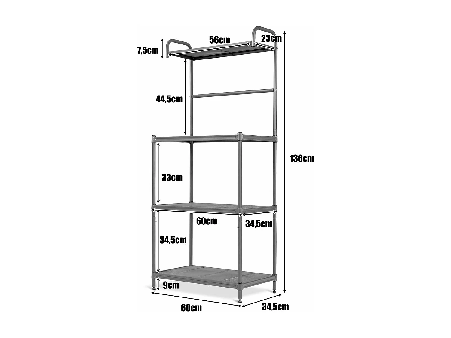 Étagère de Cuisine, Etagère de Micro-Ondes et Four en Métal Robuste Meuble Rangement sur Pied à 4 Niveaux Multifonctionnelle 60 x 34,5 x 136 CM Gris avec Pieds Réglables