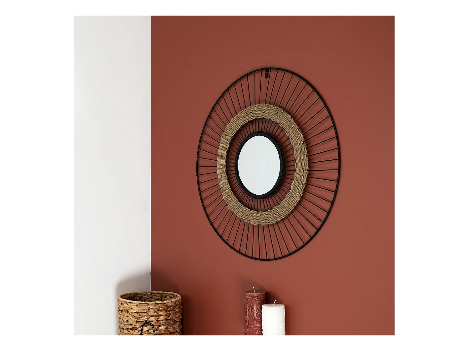 Miroir Filaire Et Jonc 60cm Noir, Beige