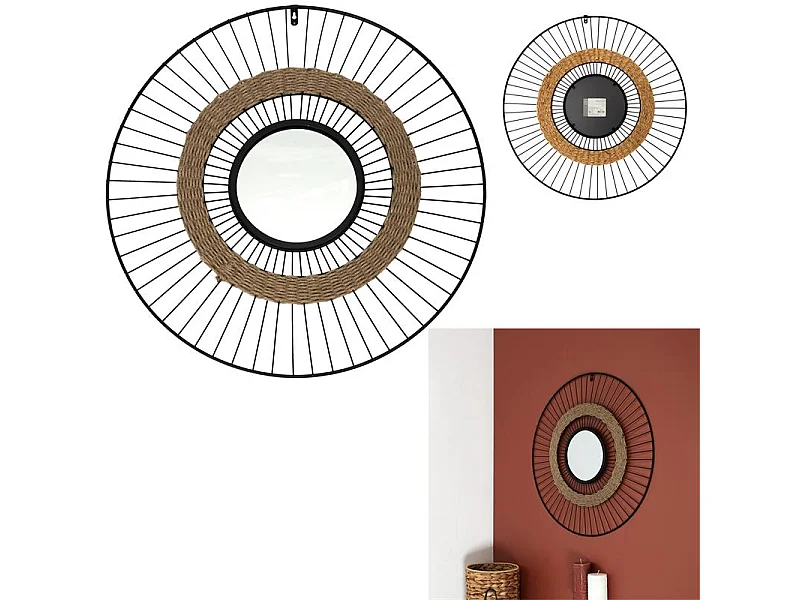 Miroir Filaire Et Jonc 60cm Noir, Beige