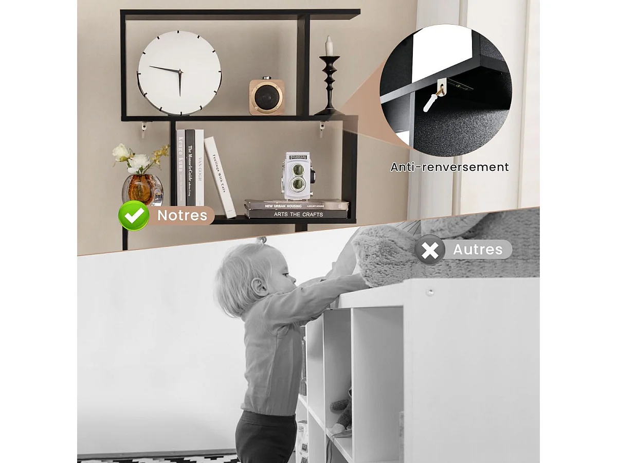 Bibliothèque avec 5 etagères en forme de s, compartiments 2 portes,70 x 23 x 183 cm, noir