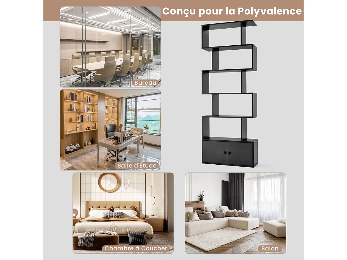 Bibliothèque avec 5 etagères en forme de s, compartiments 2 portes,70 x 23 x 183 cm, noir