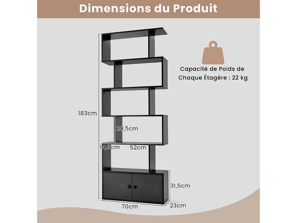 Bibliothèque avec 5 etagères en forme de s, compartiments 2 portes,70 x 23 x 183 cm, noir