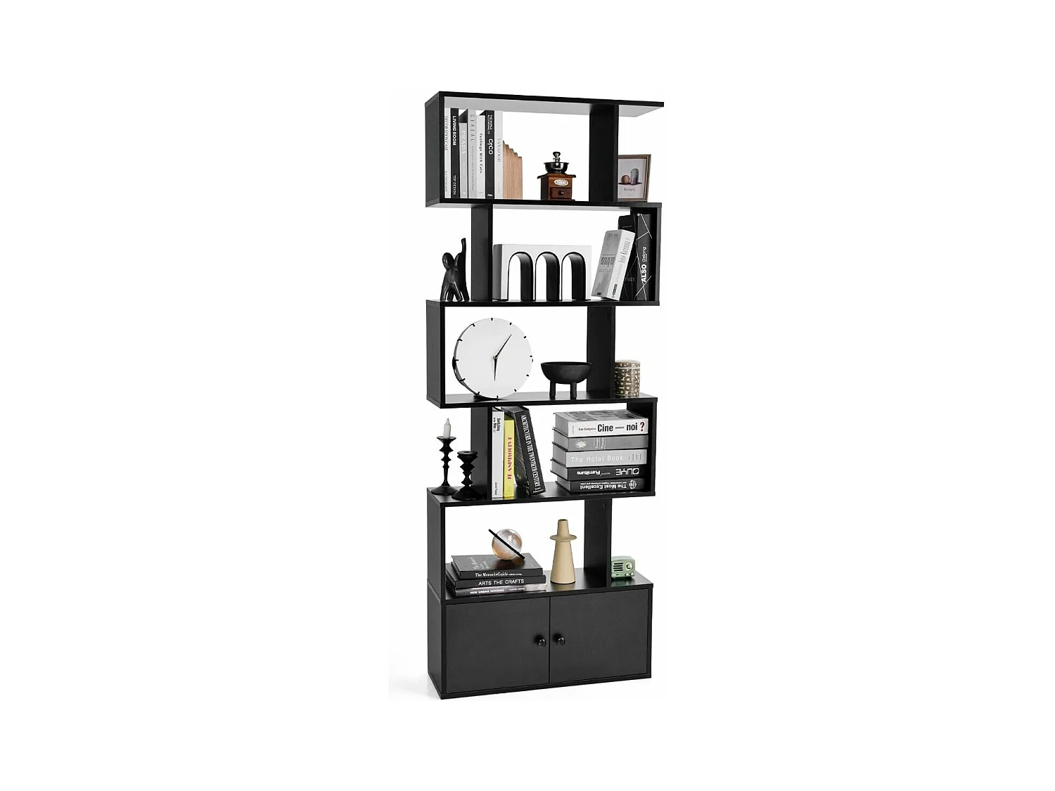 Bibliothèque avec 5 etagères en forme de s, compartiments 2 portes,70 x 23 x 183 cm, noir