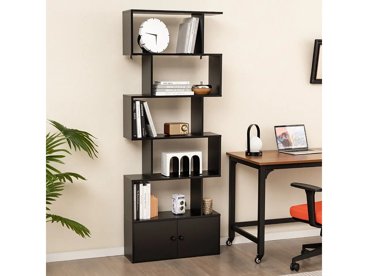 Bibliothèque avec 5 etagères en forme de s, compartiments 2 portes,70 x 23 x 183 cm, noir