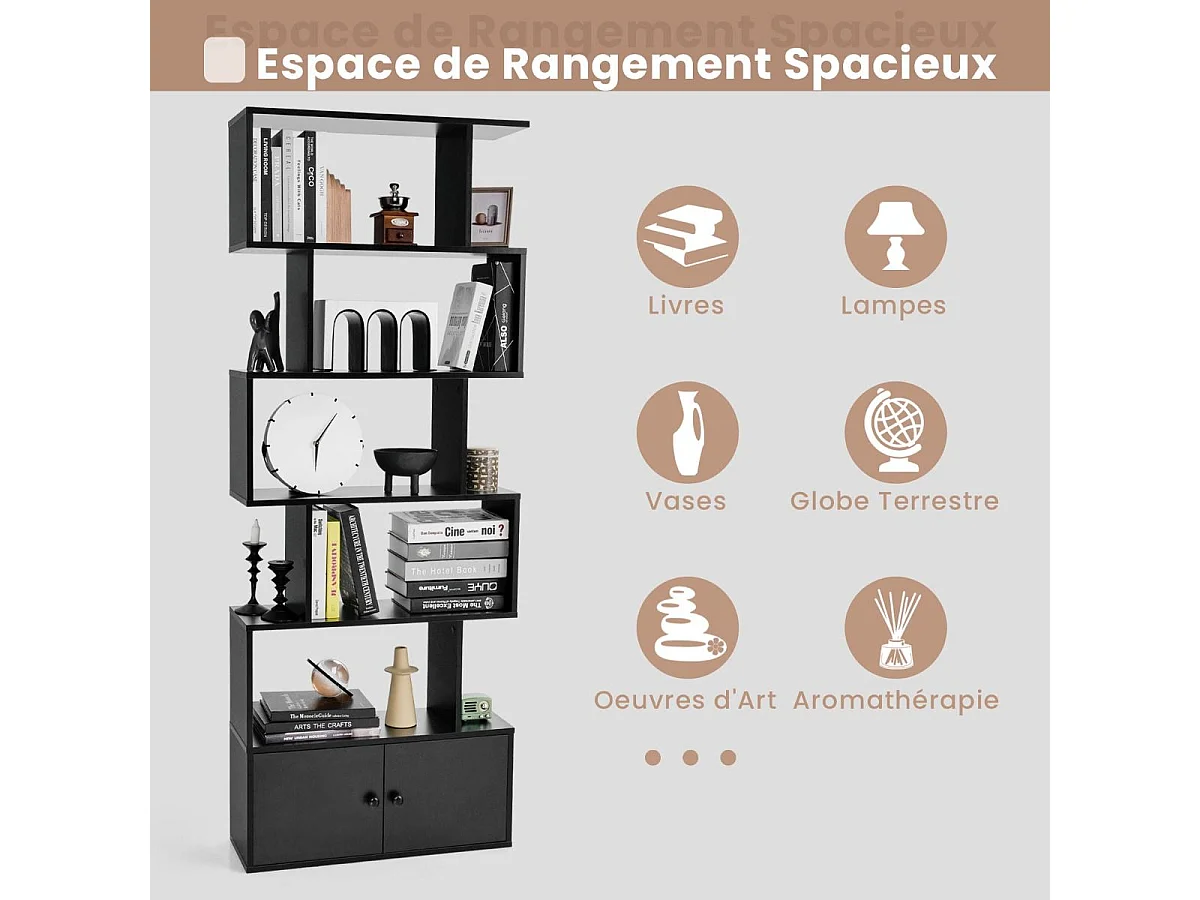 Bibliothèque avec 5 etagères en forme de s, compartiments 2 portes,70 x 23 x 183 cm, noir