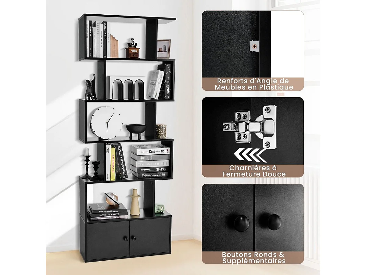 Bibliothèque avec 5 etagères en forme de s, compartiments 2 portes,70 x 23 x 183 cm, noir