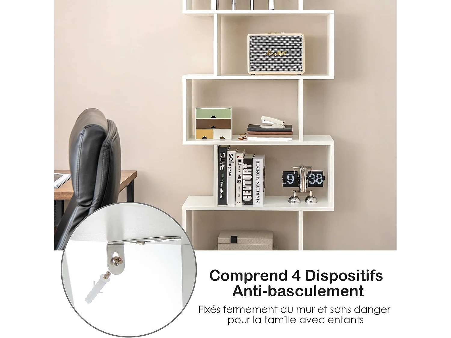 Bibliothèque à 6 niveaux avec 2 portes-70 x 23 x 183 cm-étagère de rangement en bois forme en S, Blanc