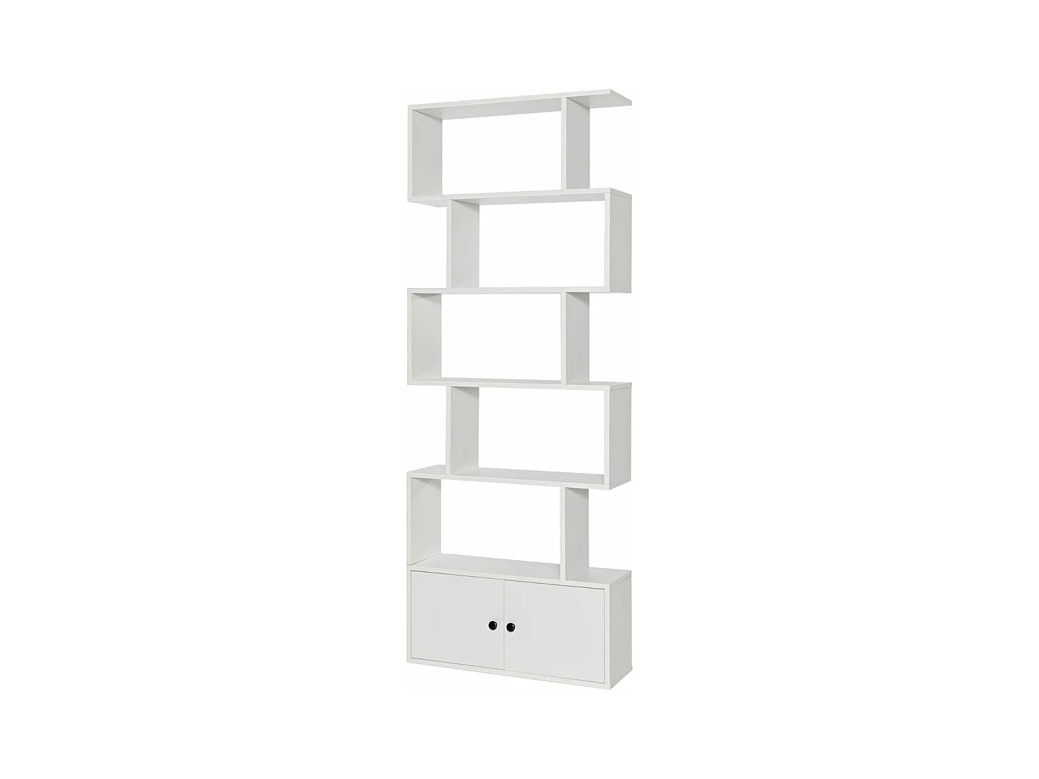 Bibliothèque à 6 niveaux avec 2 portes-70 x 23 x 183 cm-étagère de rangement en bois forme en S, Blanc