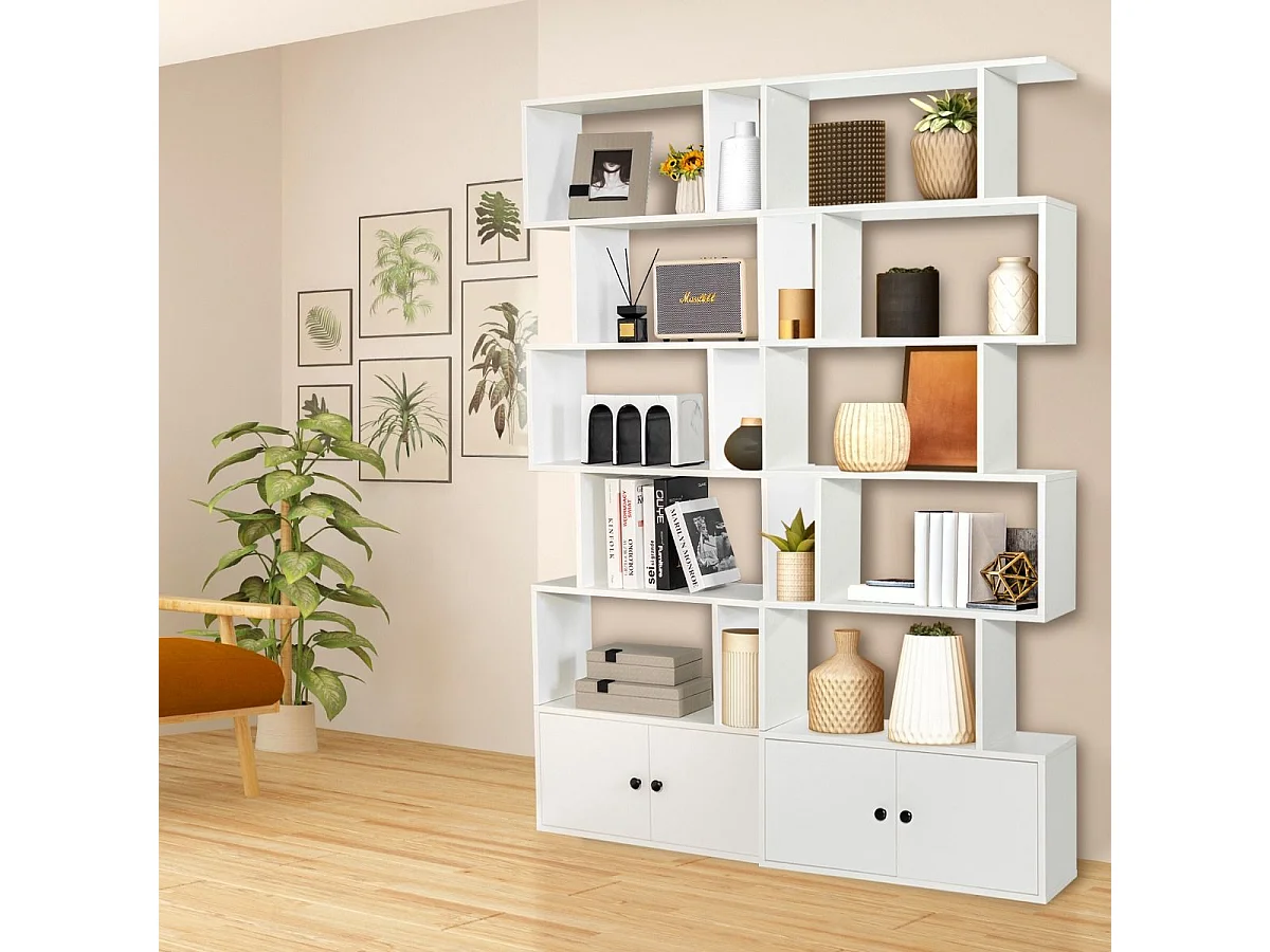 Bibliothèque à 6 niveaux avec 2 portes-70 x 23 x 183 cm-étagère de rangement en bois forme en S, Blanc