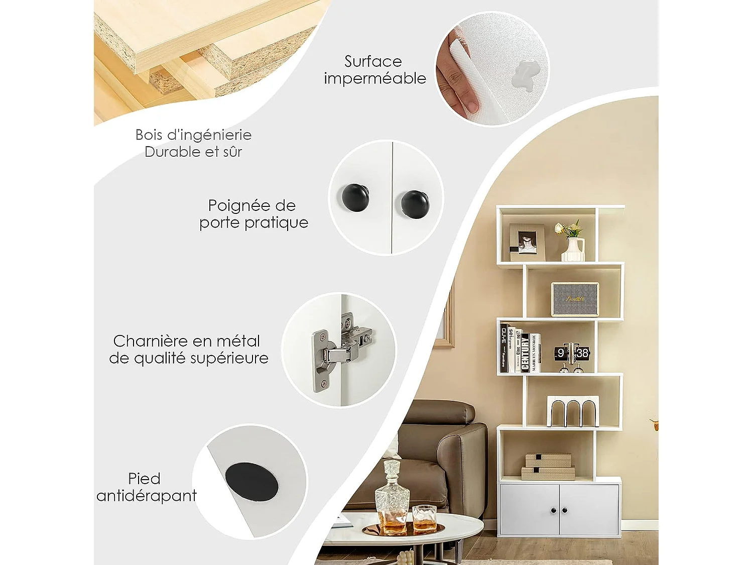 Bibliothèque à 6 niveaux avec 2 portes-70 x 23 x 183 cm-étagère de rangement en bois forme en S, Blanc